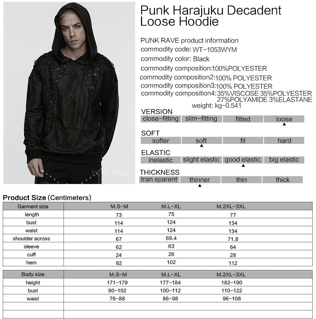 Punk Rave WT-1053 men's gothic top with product, material and size information.