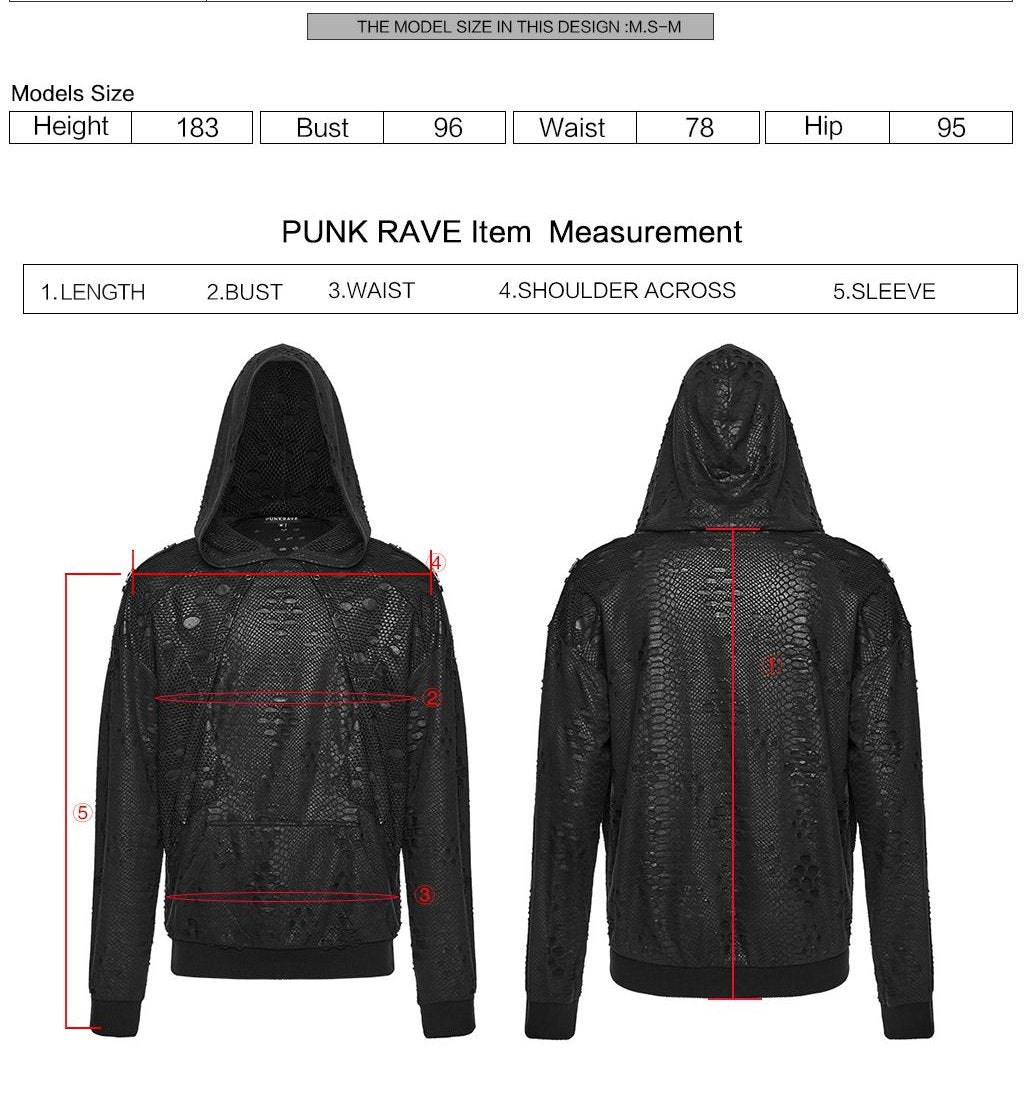 Punk Rave WT-1053 men's gothic top with measurement instructions for length, bust, waist, shoulder across and sleeve.