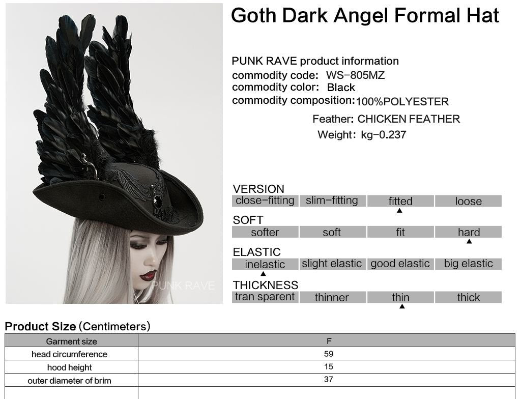 Punk Rave WS-805 gothic hat with product, material and size information.