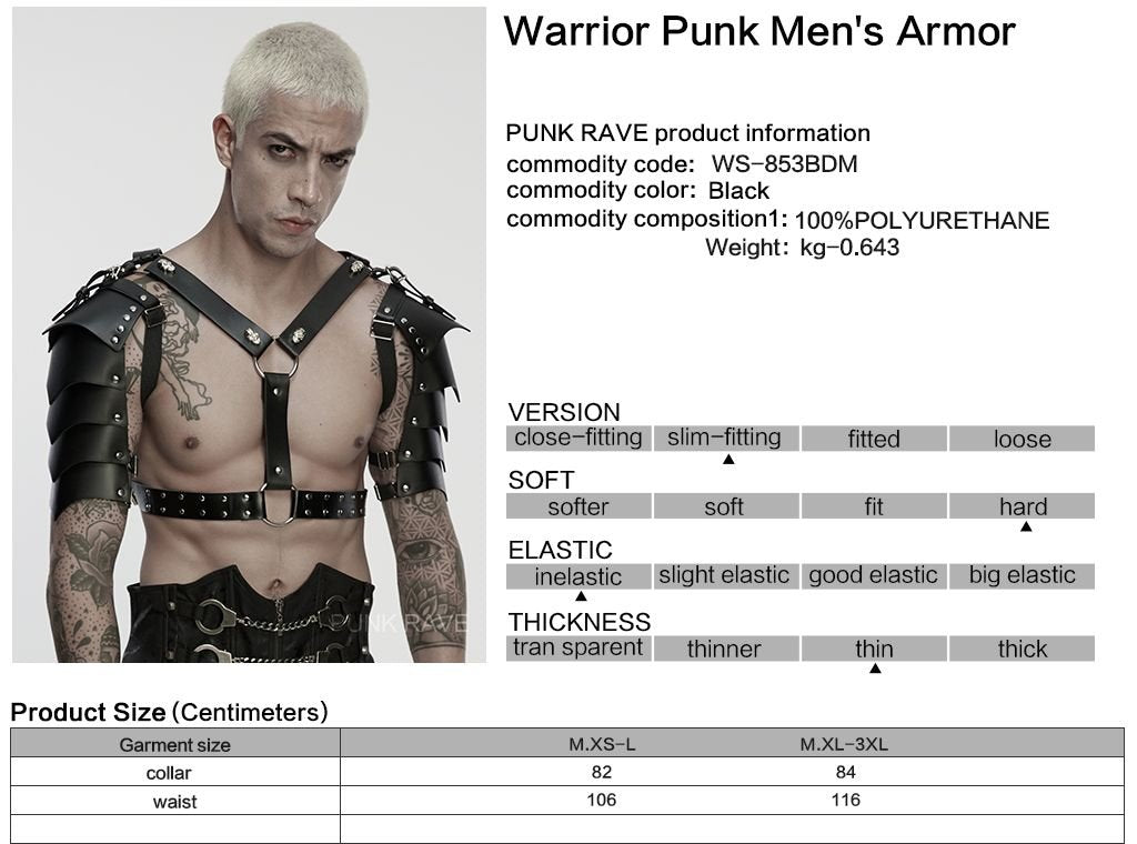 Punk Rave WS-853 dark fantasy harness with product, material and size information.