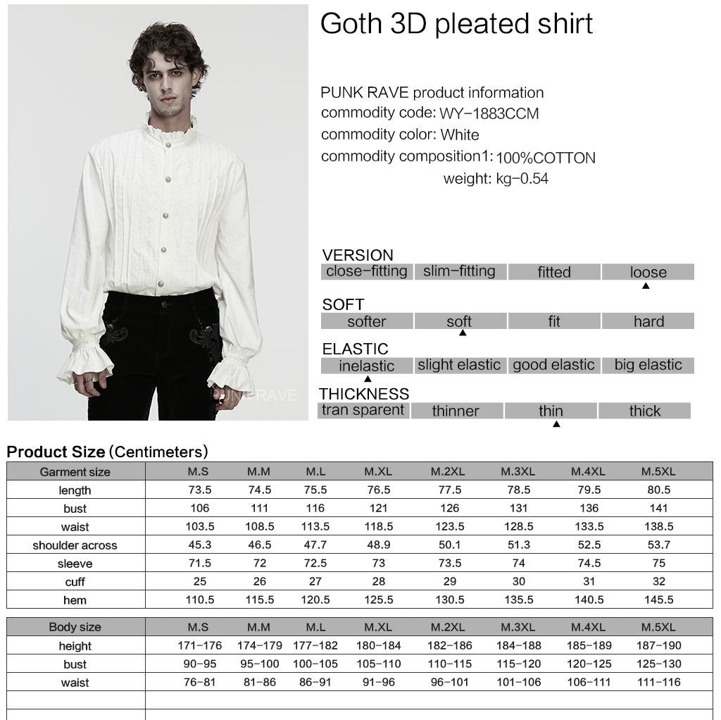 Punk Rave WY-1883 white romantic style men's shirt with size, material and product information.
