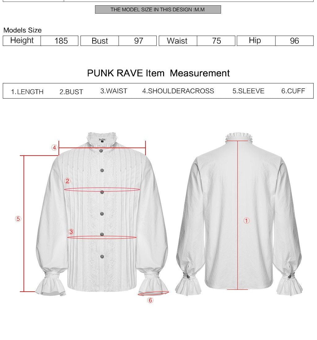 Punk Rave WY-1883 white Victorian shirt showing measurement points for length, bust, waist, shoulder across and sleeve.