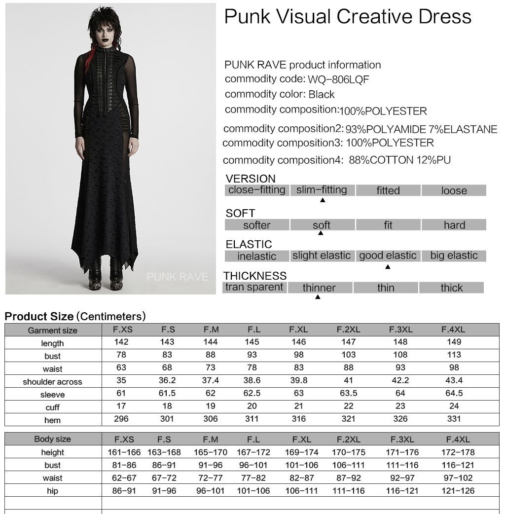 Punk Rave WQ-806 gothic maxi dress in black with product material and size information.