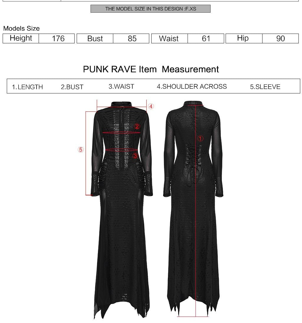 Punk Rave WQ-806 size guide with measurement instructions for length bust waist shoulder across and sleeve.