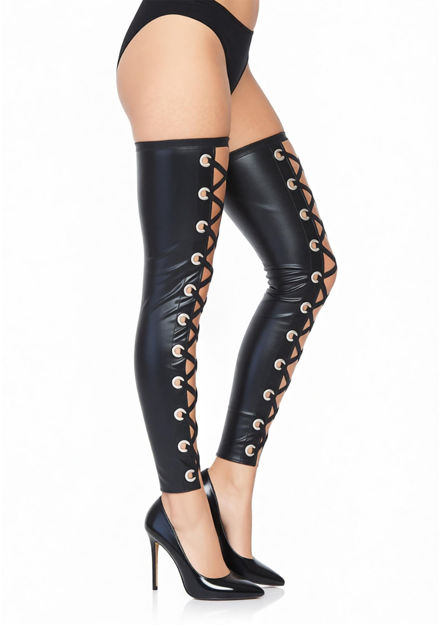 Wetlook Footless Lace Up Thigh Highs
