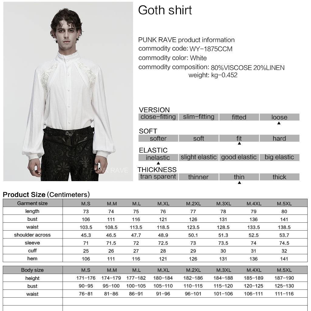 Punk Rave WY-1875 gothic shirt in white with product material and size info.