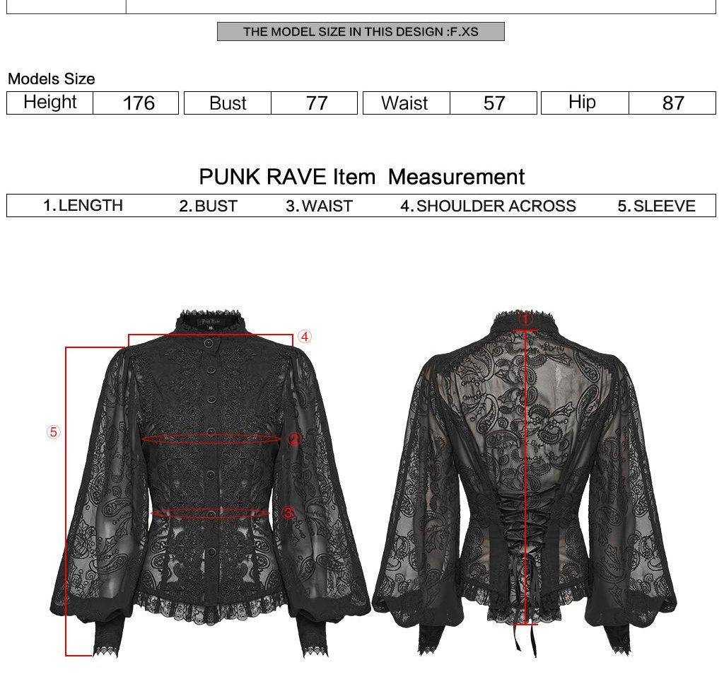 Punk Rave WY-1805 Victorian blouse with measurement instructions for length bust waist shoulder across and sleeve.
