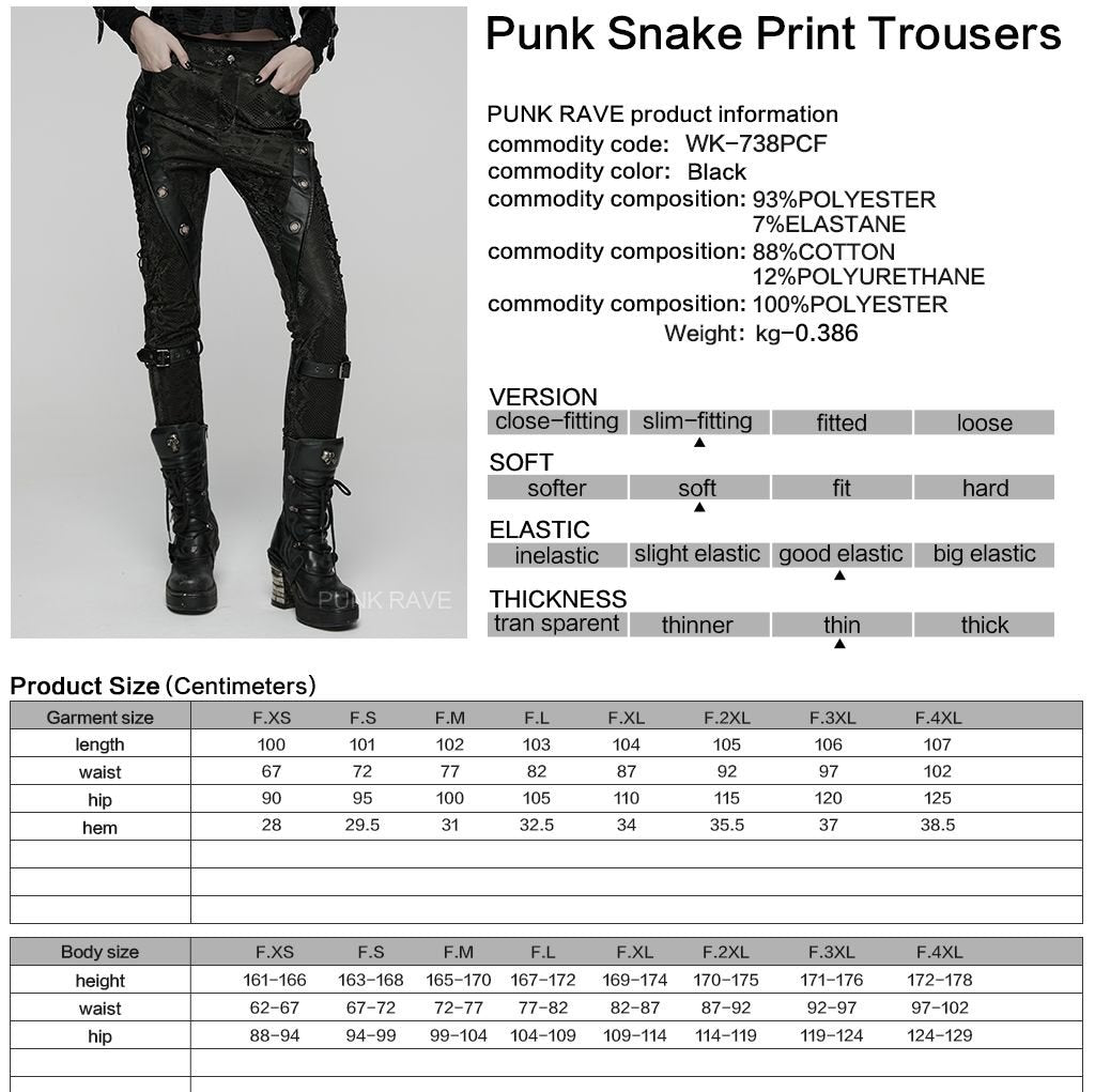 Punk Rave WK-738 gothic pants info image with material and size details.