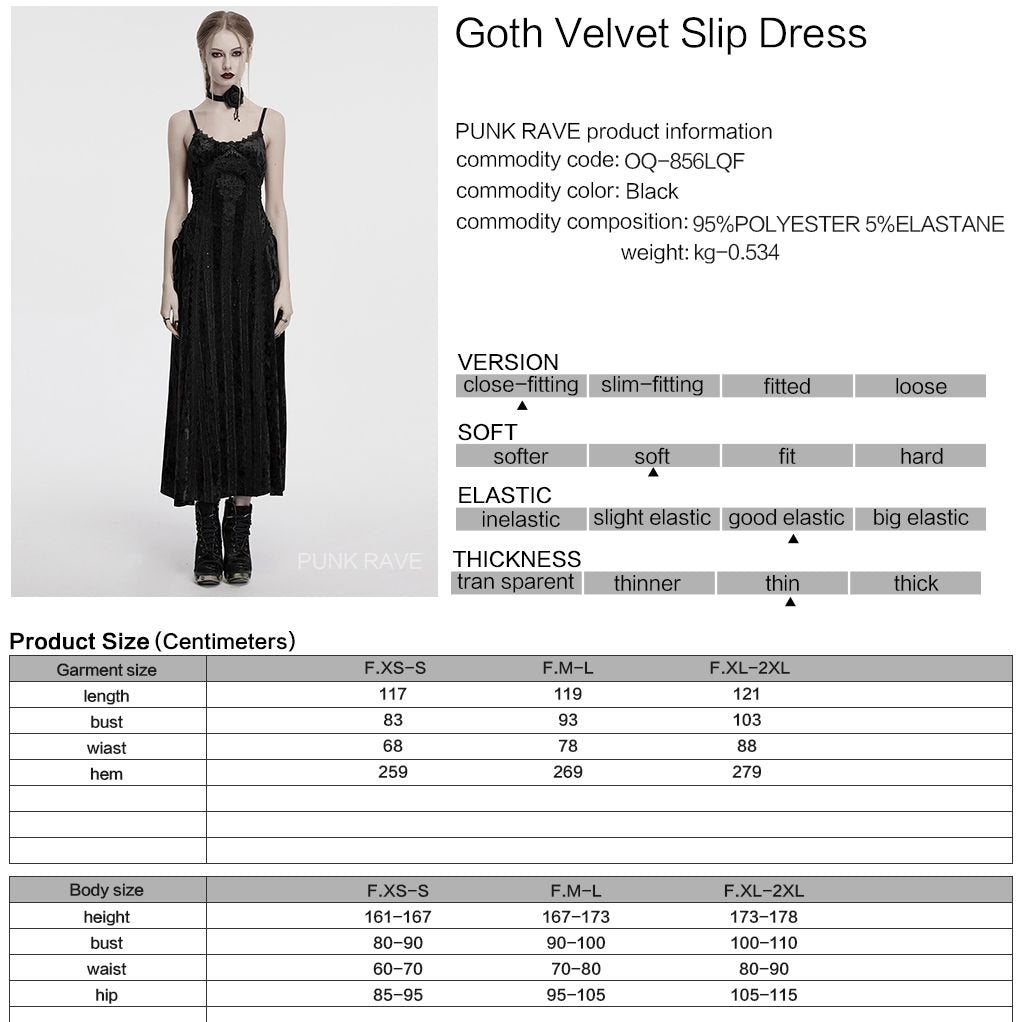 Punk Rave OQ-856 romantic gothic dress in black displaying all sizing details, material specs and product information.