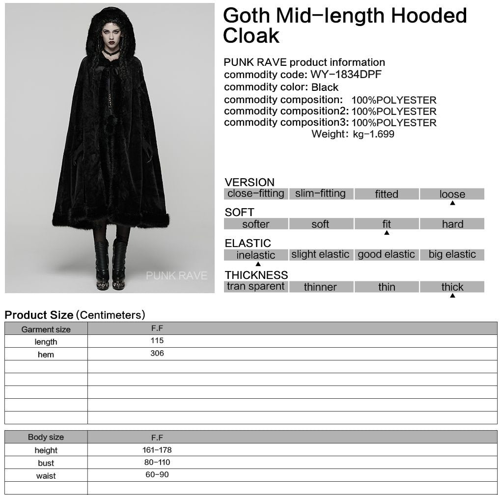 Punk Rave WY-1834 product, material and size information guide in black gothic style.