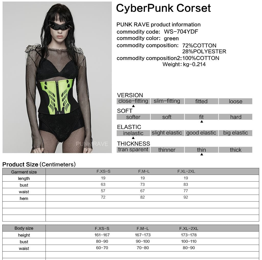 Punk Rave WS-704 cybergoth underbust corset with product material and size information.