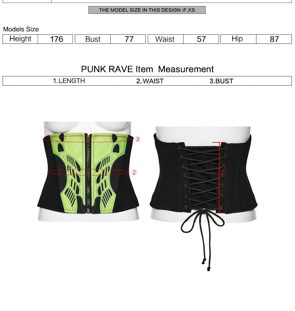 Punk Rave WS-704 cybergoth underbust corset with measurement instructions for length waist and bust.