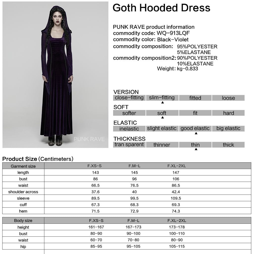 Punk Rave WQ-913 purple gothic dress with product, material and size information.
