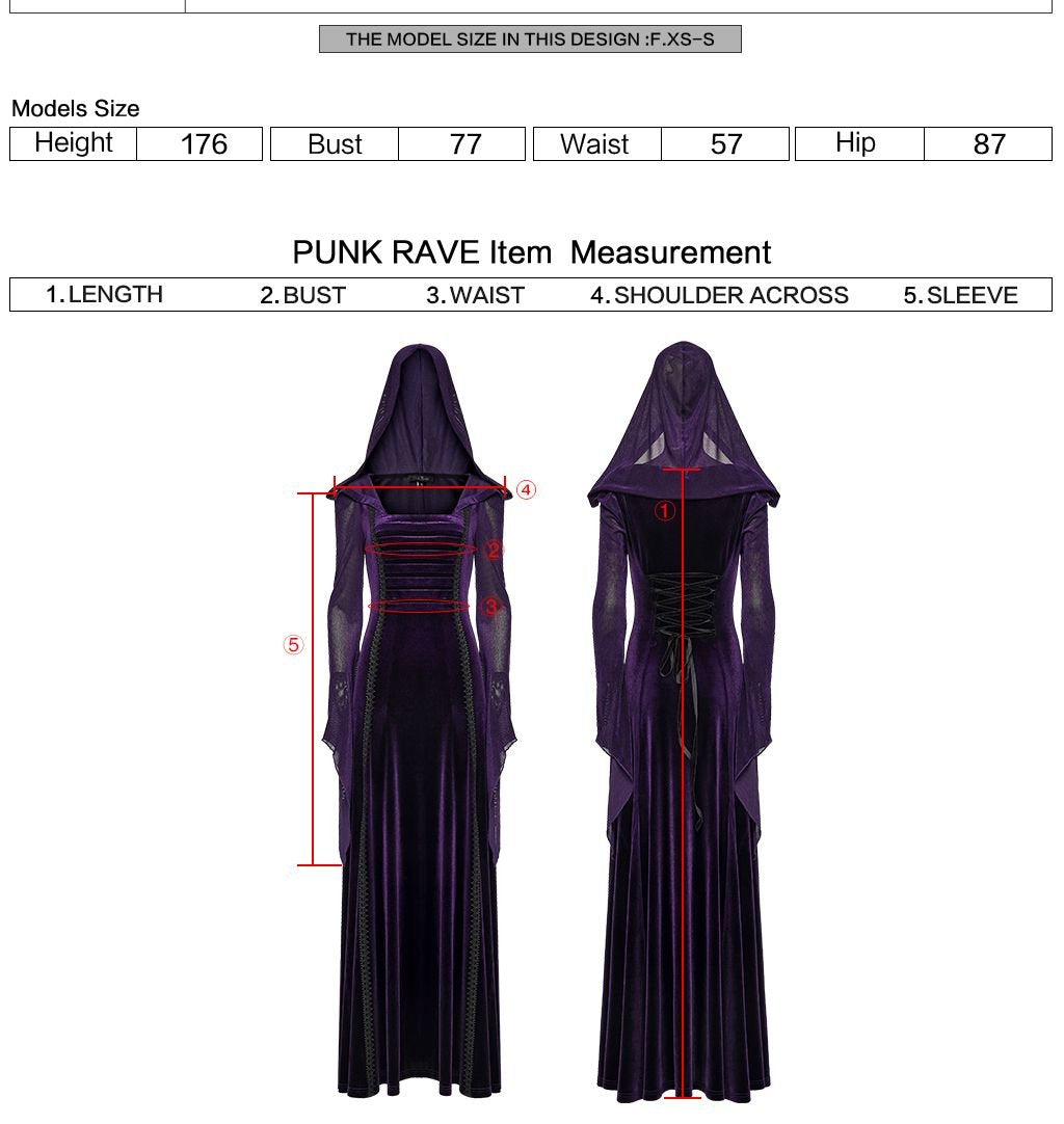 Punk Rave WQ-913 purple dress measurement instructions for length, bust, waist, shoulder across and sleeve.