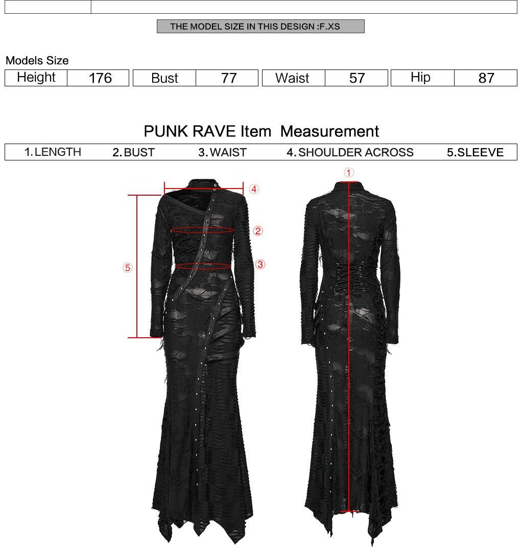 Punk Rave WQ-885 gothic maxi dress with measurement instructions for length bust waist shoulder across and sleeve.