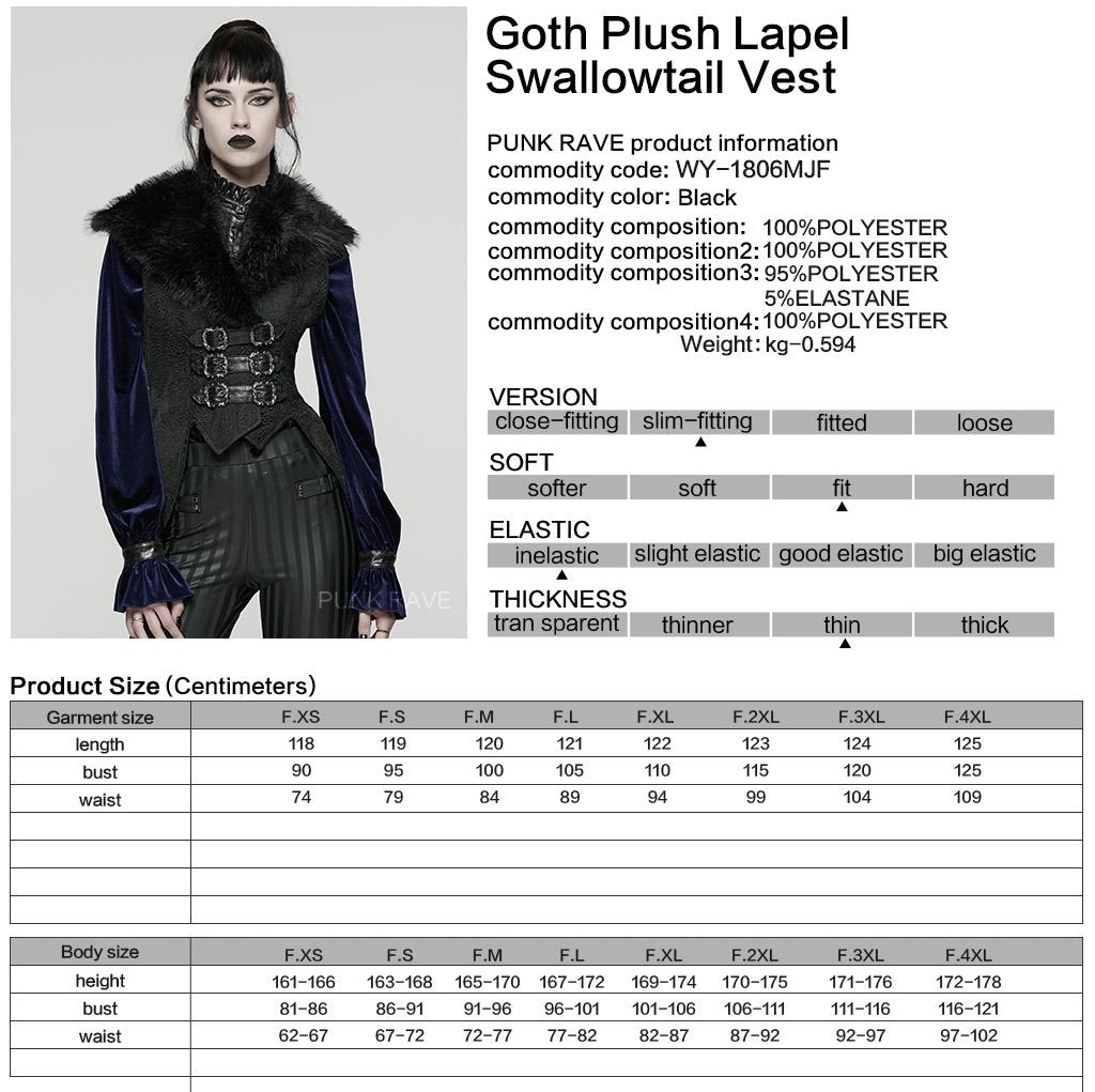 Punk Rave WY-1806 gothic vest with product, material and size information.