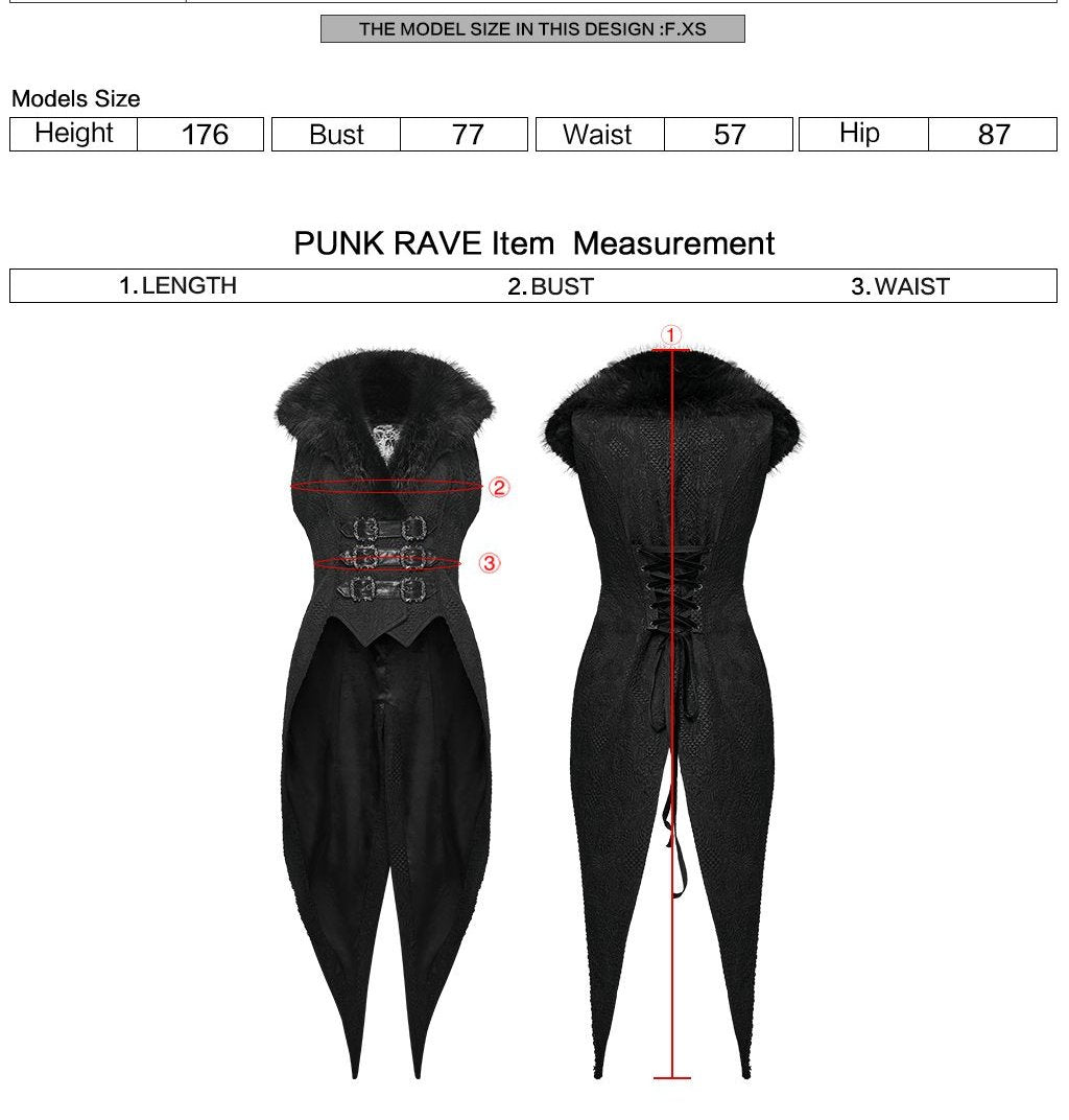 Punk Rave WY-1806 gothic vest with measurement instructions for length, bust and waist.