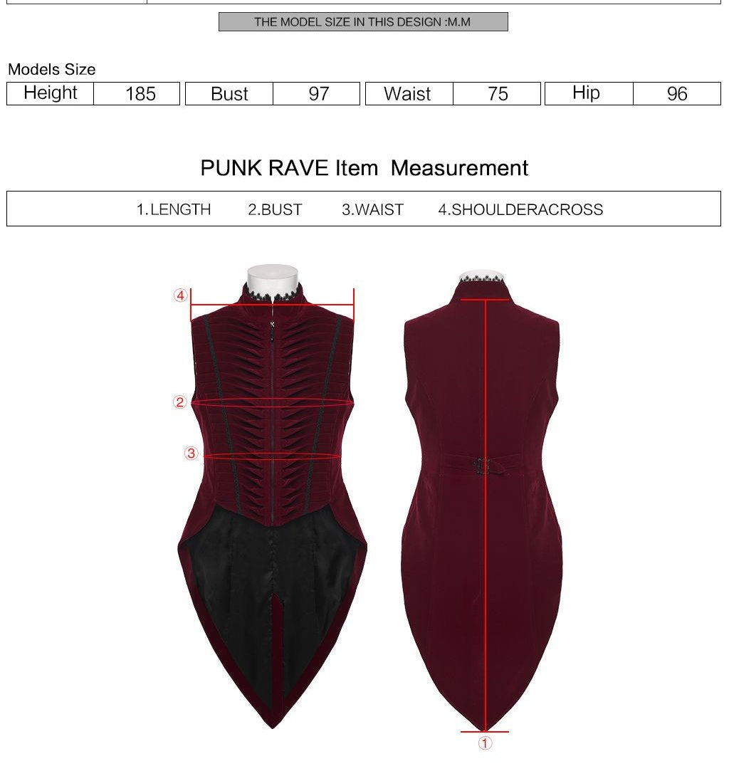 Punk Rave WY-1880 red gothic gilet with measurement instructions for length, bust, waist and shoulder across.