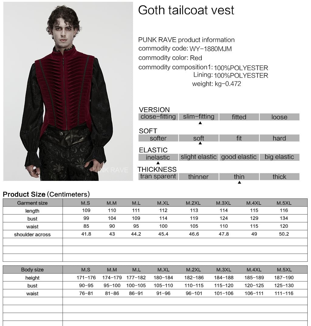 Punk Rave WY-1880 red gothic gilet with product, material and size information.