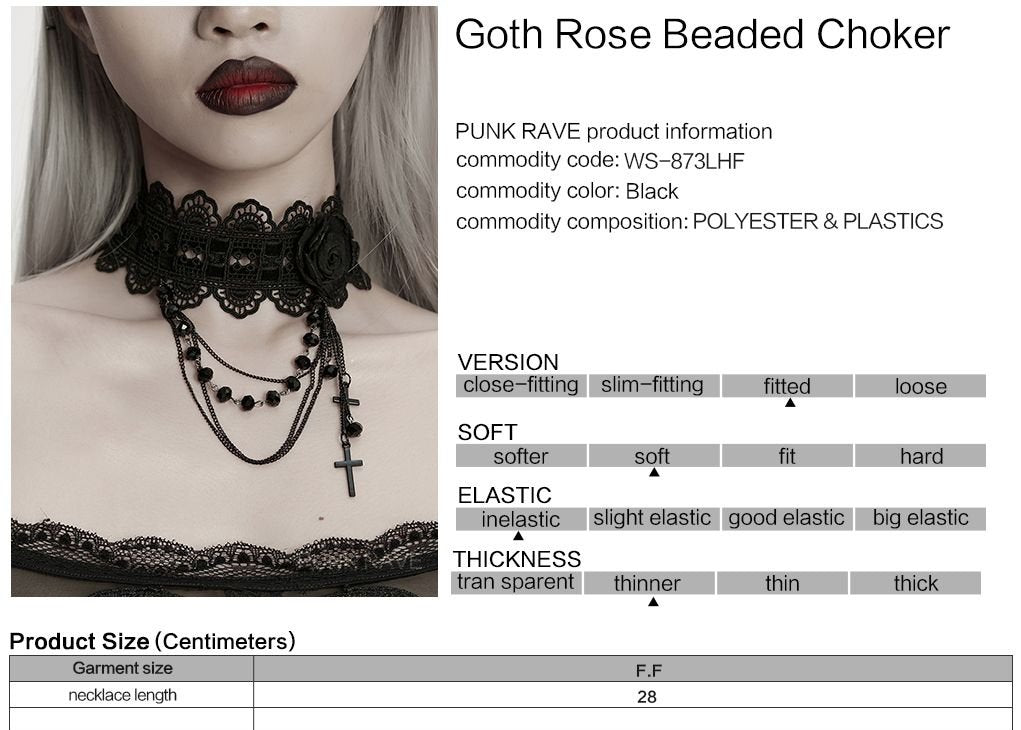 Punk Rave WS-873 gothic choker with product material and size information.