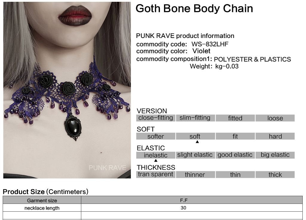 Punk Rave WS-832 purple gothic choker with product, material and size information.