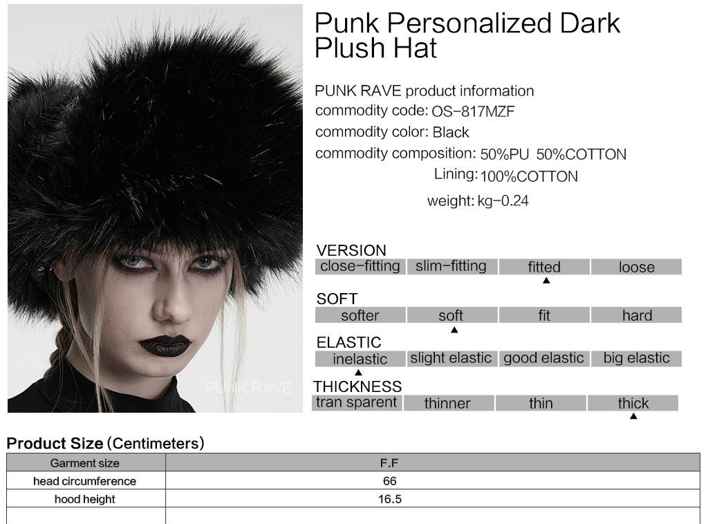 Punk Rave OS-817 gothic trapper hat with product material and size information.
