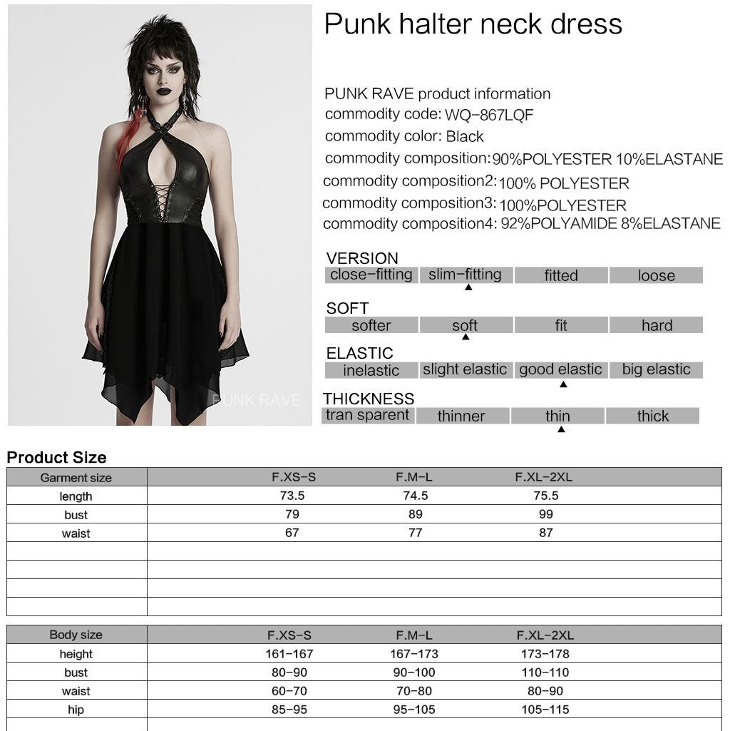 Punk Rave WQ-867 halter mini dress with product, material and size information.