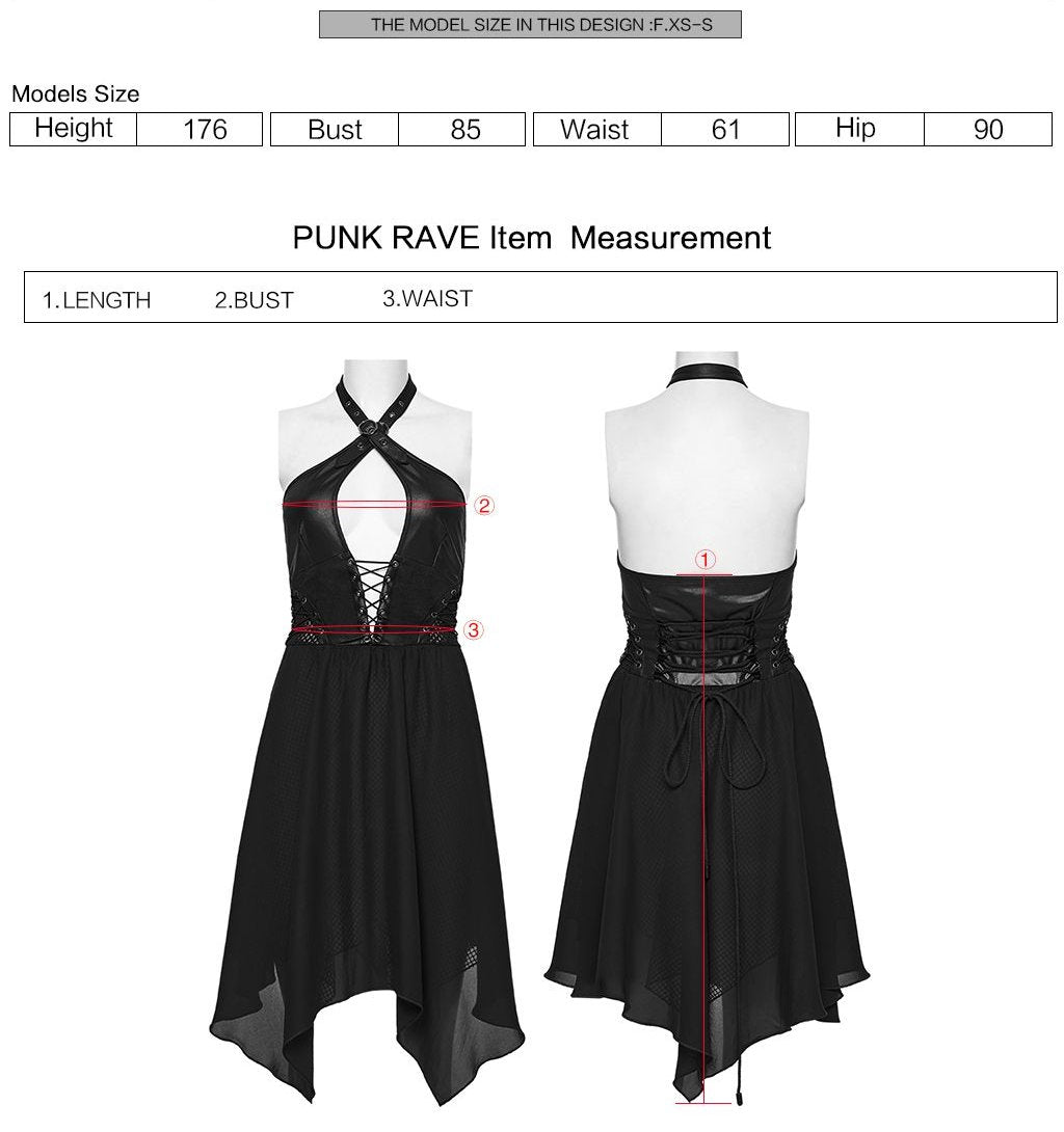 Punk Rave WQ-867 halter mini dress with measurement instructions for length, bust and waist.