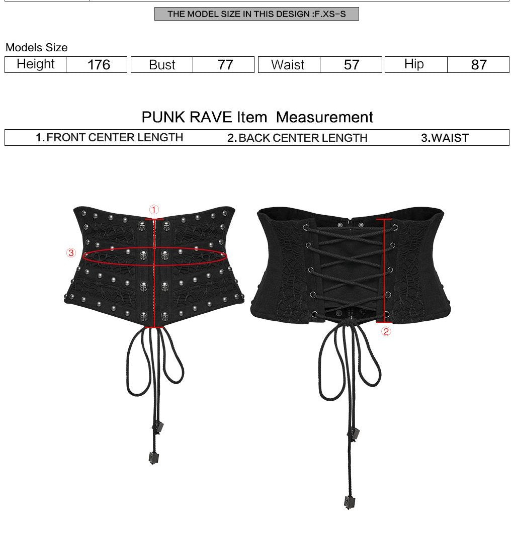 Punk Rave WS-782 women's waist cincher in black with measurement instructions for front center length and back center length and waist.