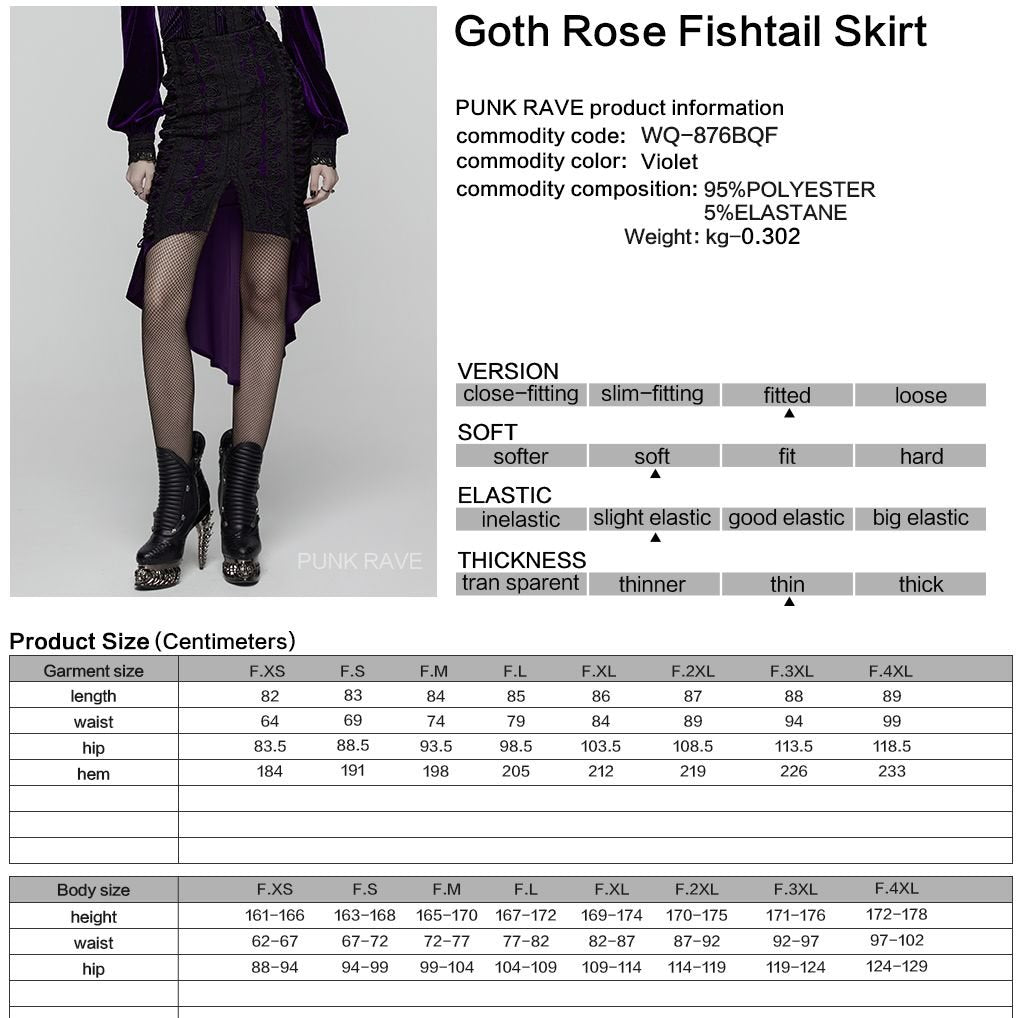 Punk Rave WQ-876 dark elegance purple and black midi skirt with product material and size information.
