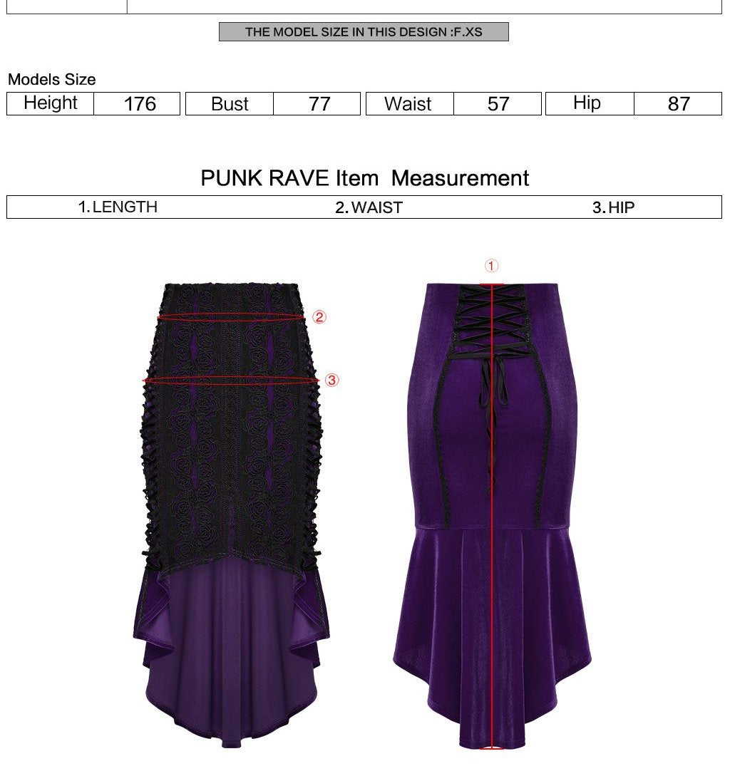 Punk Rave WQ-876 dark elegance purple and black midi skirt with measurement instructions for length waist and hip.