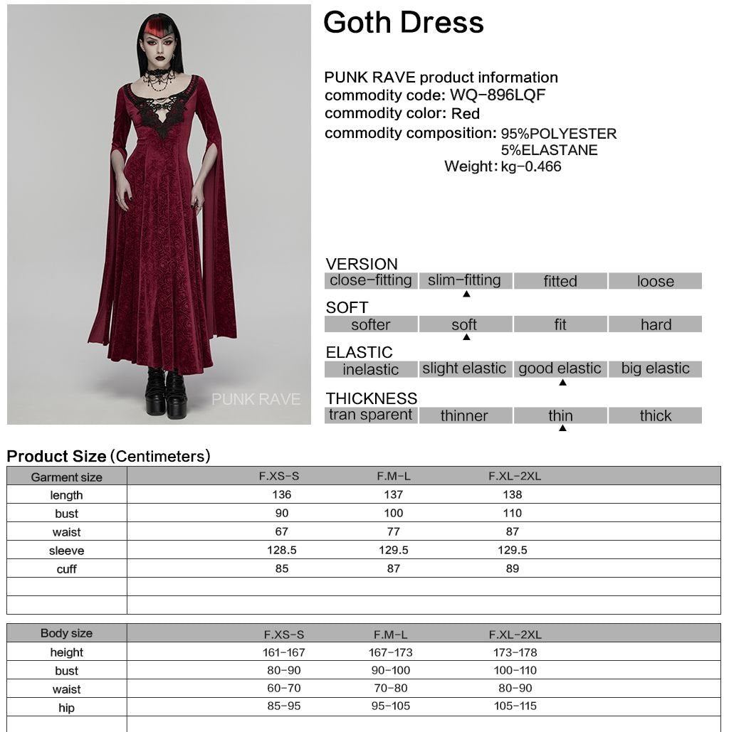 Punk Rave WQ-896 red velvet long dress with product, material and size information.