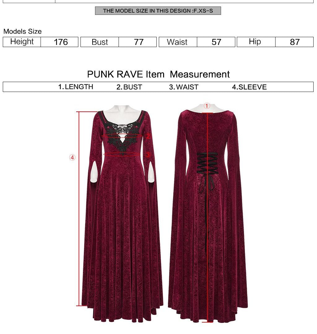 Punk Rave WQ-896 red velvet long dress with measurement instructions for length, bust, waist and sleeve.