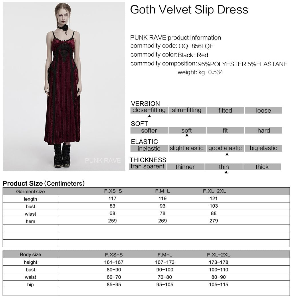 Punk Rave OQ-856 gothic romantic dress in red and black with product, material and size information.