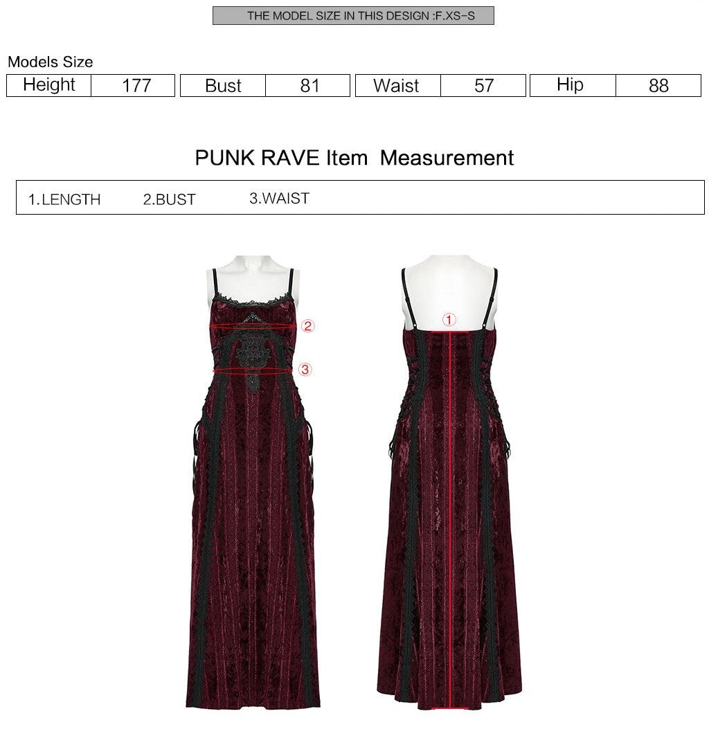 Punk Rave OQ-856 gothic romantic dress in red and black with measurement instructions for length, bust and waist.