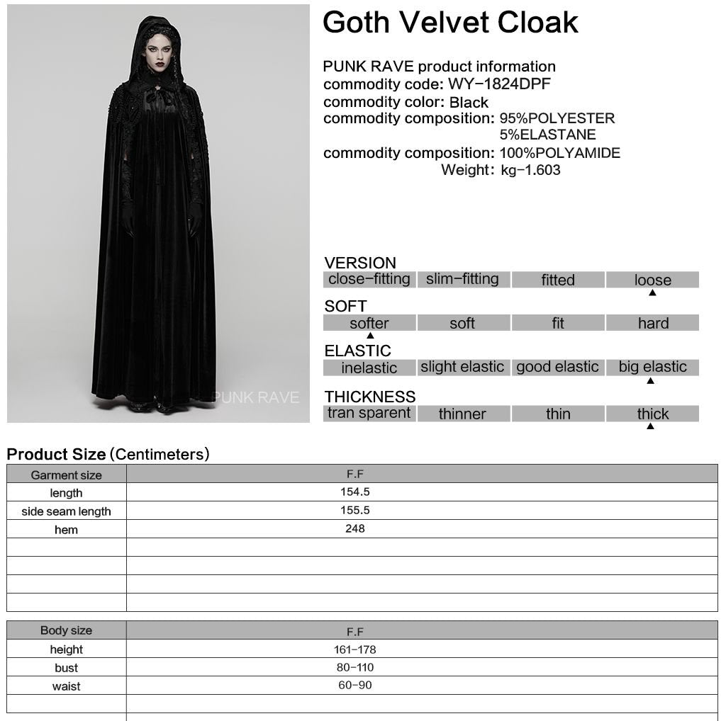 Punk Rave WY-1824 gothic cape with product material and size information.
