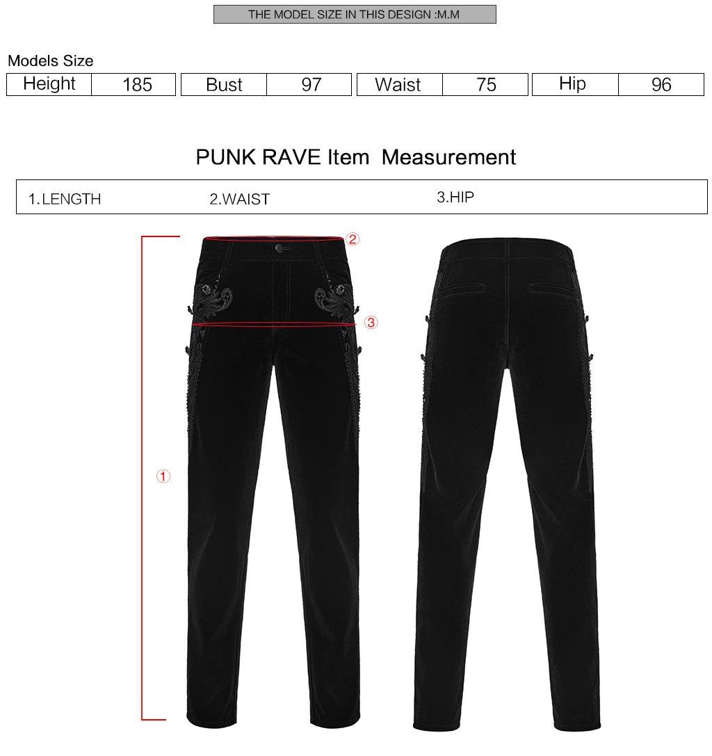Punk Rave WK-758 gothic pants with measurement instructions for length waist and hip.