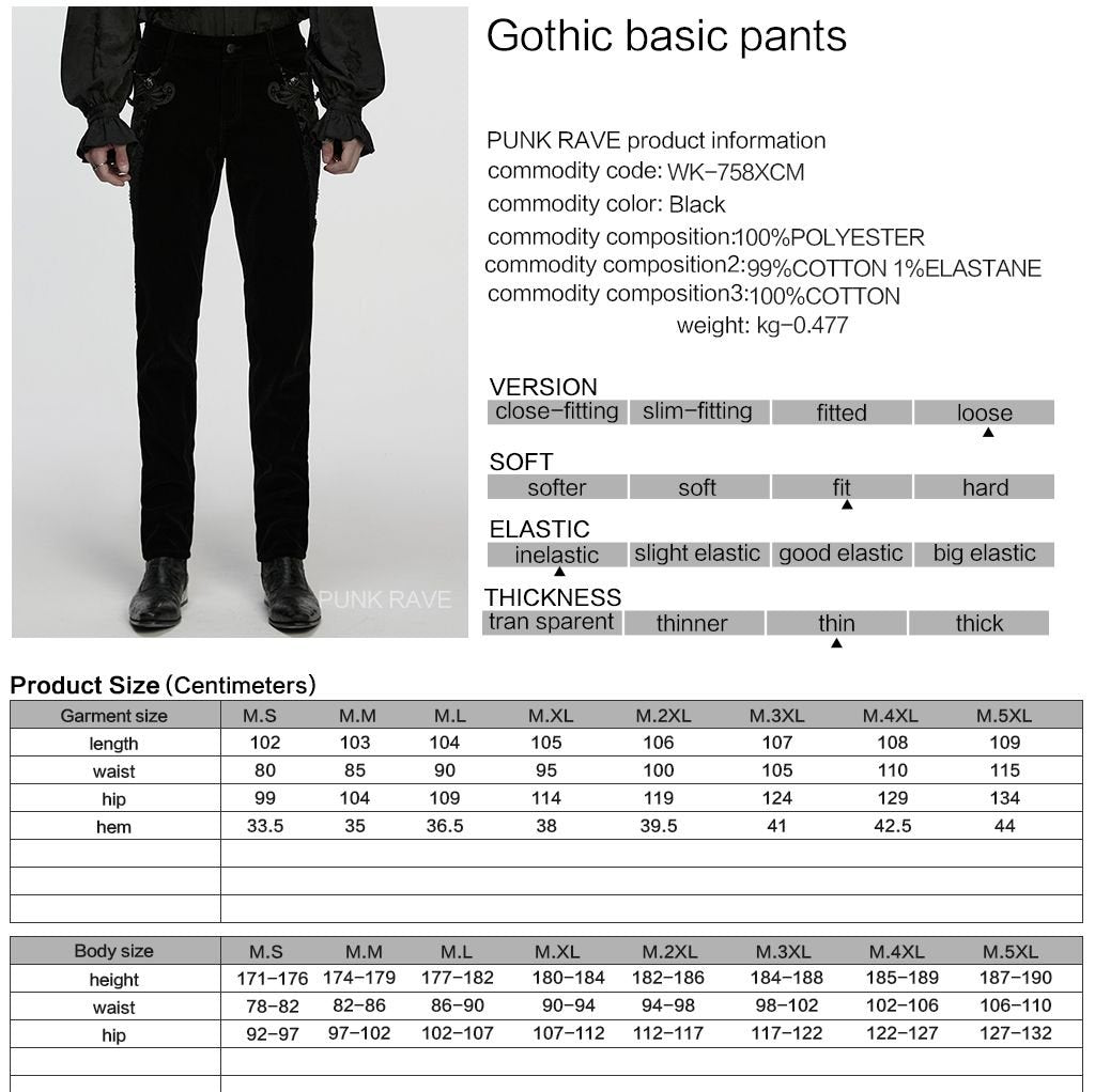 Punk Rave WK-758 gothic pants with product material and size information.
