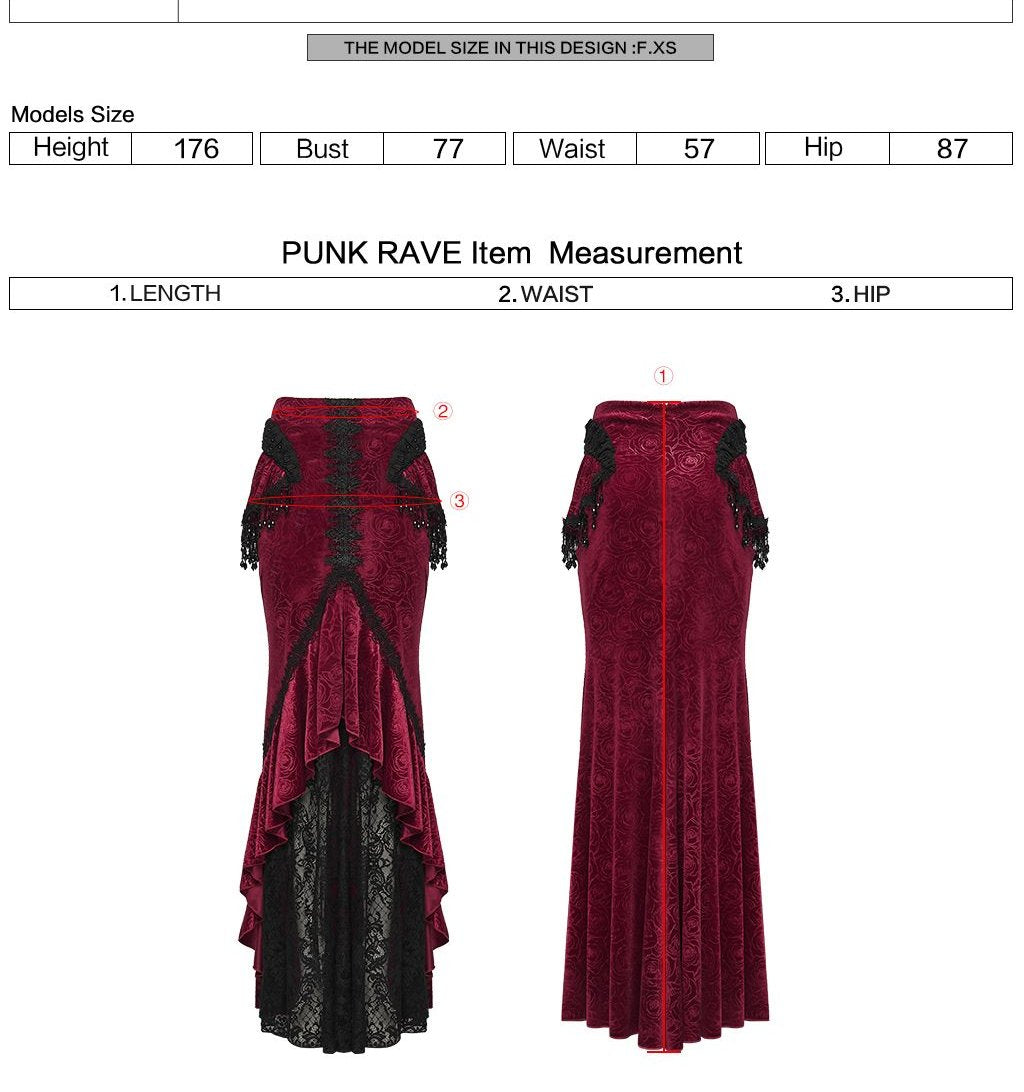 Punk Rave WQ-897 Victorian maxi skirt with measurement instructions for length, waist and hip.