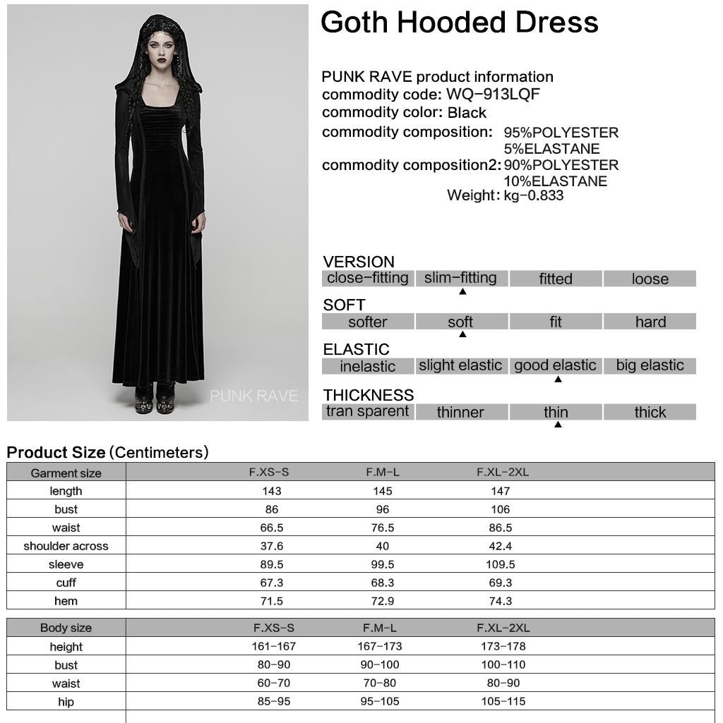 Punk Rave WQ-913 black gothic dress with product, material and size information.