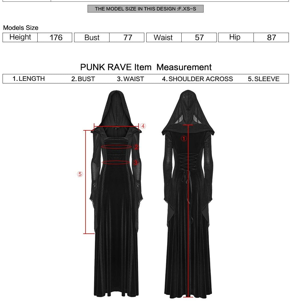 Punk Rave WQ-913 black dress measurement instructions for length, bust, waist, shoulder across and sleeve.