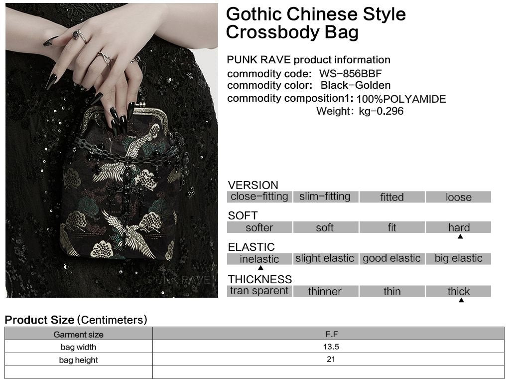 Punk Rave WS-856 gothic handbag with product, material and size information.