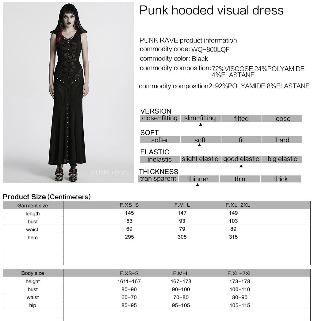 Punk Rave WQ-800 fetish maxi dress with product, material and size information.