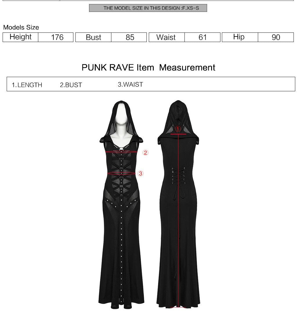 Punk Rave WQ-800 fetish maxi dress with product, material and size information.