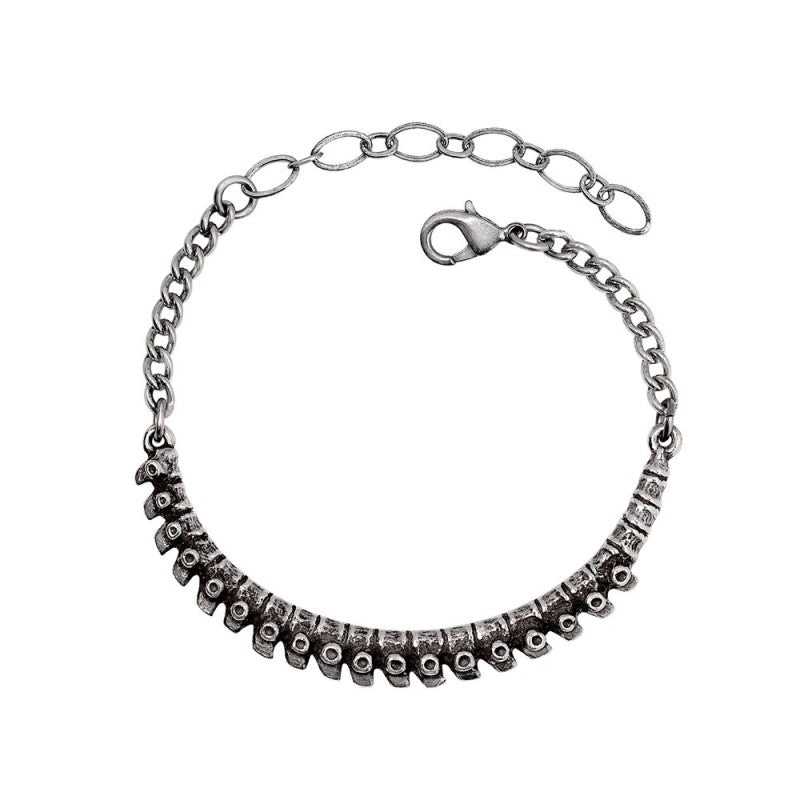 Alchemy Gothic A148 pewter spine bracelet hanging view showing the full anatomical vertebrae design.