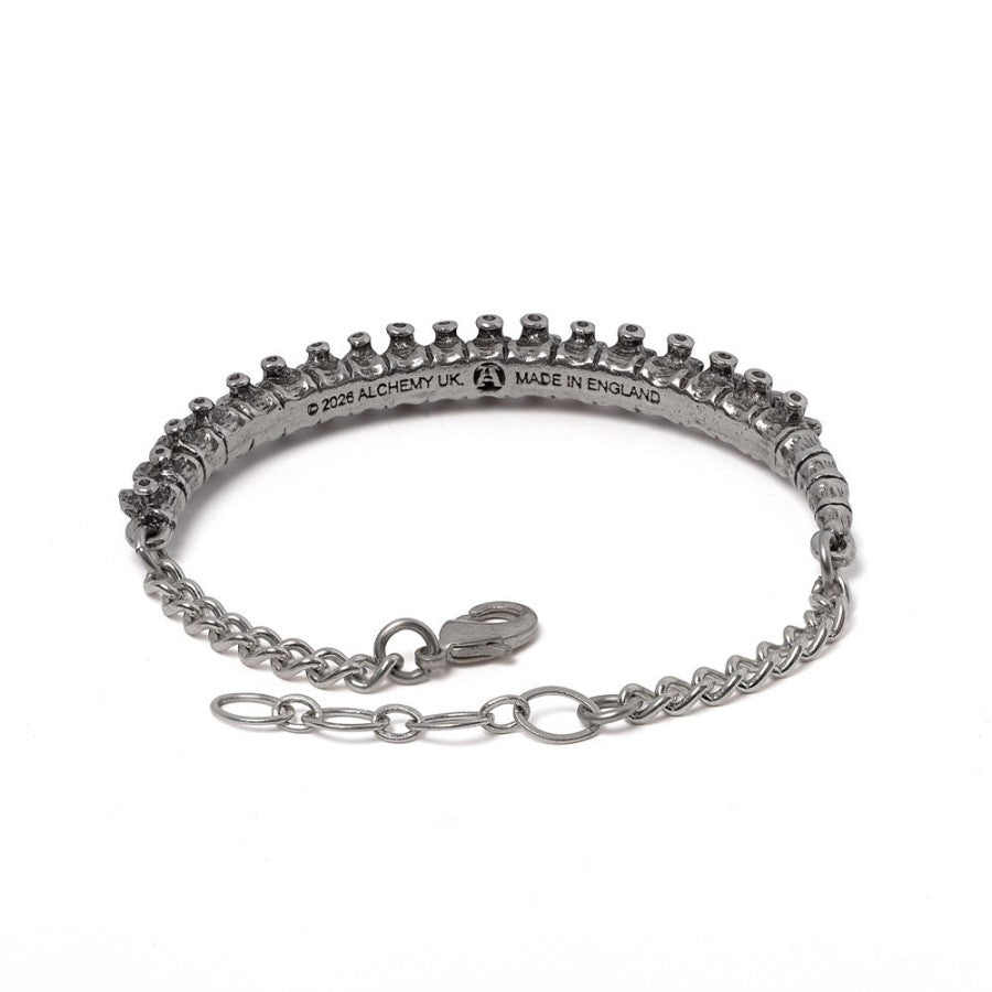 Alchemy Gothic A148 pewter spine bracelet back view showing the engraved manufacturer brand name detail.
