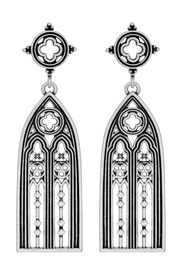 Restyle Altarium gothic earrings in silver color front view showing the pair of cathedral window hangers.