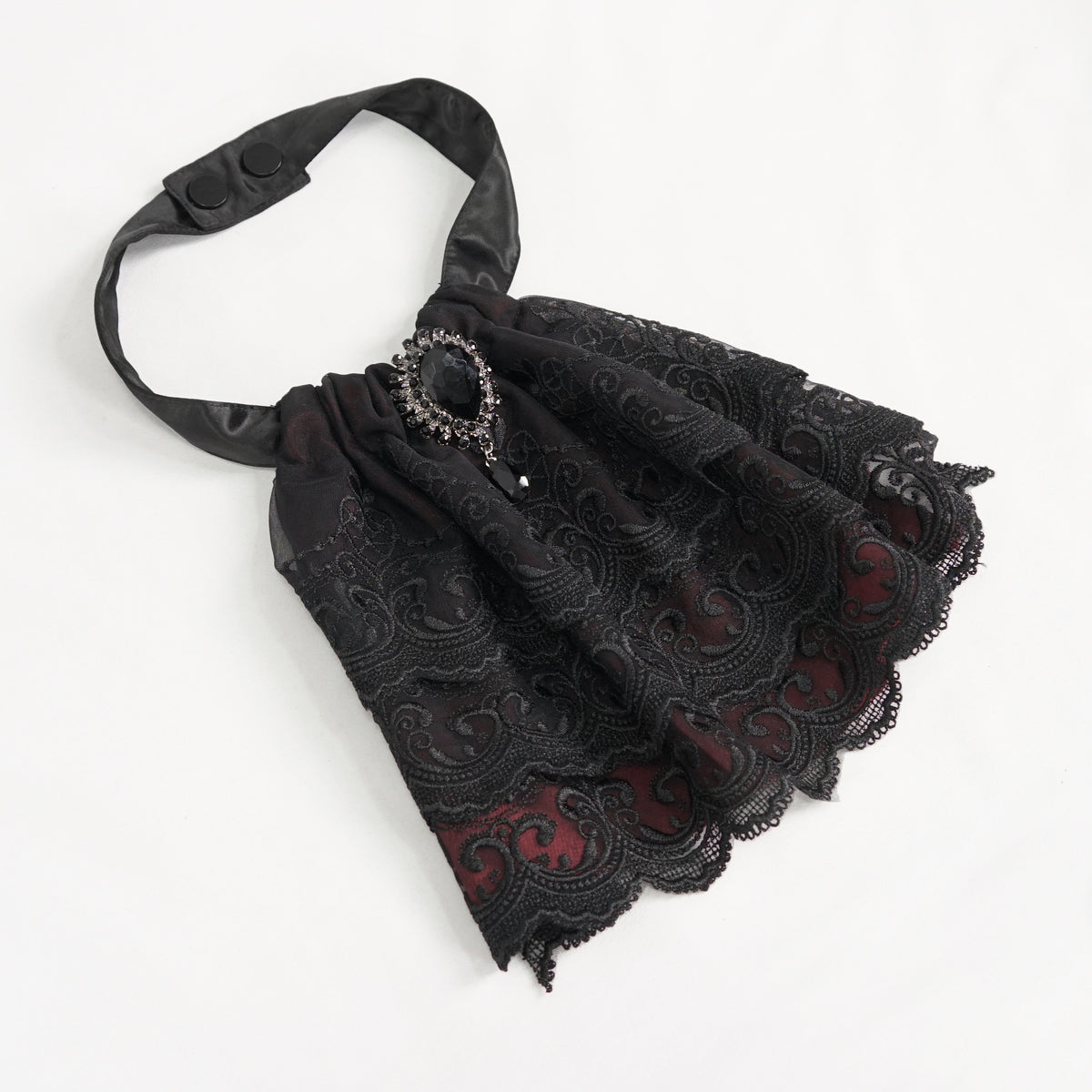 Devil Fashion AS144 burgundy black gothic jabot flat lay view showcasing the satin lining under the lace.
