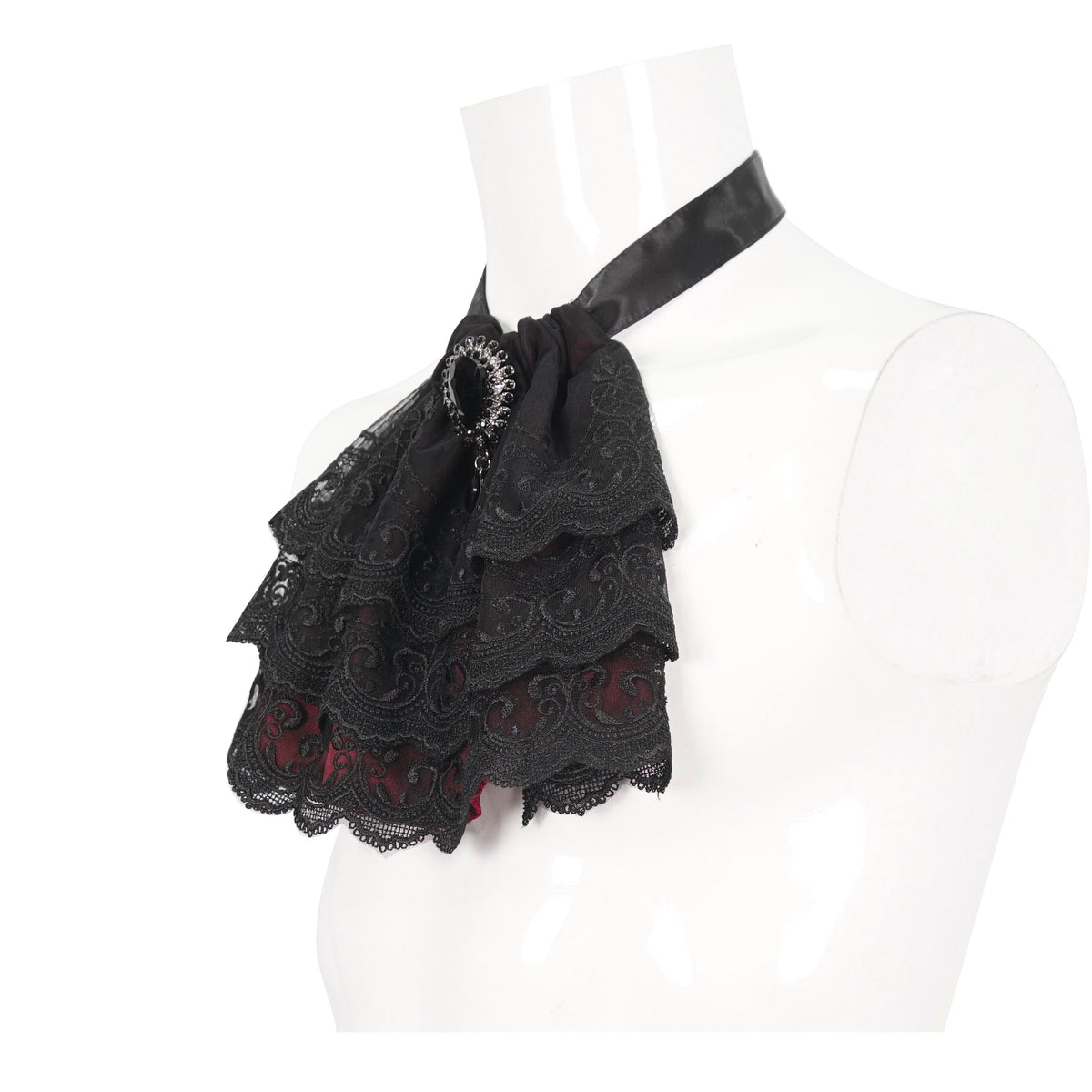 Devil Fashion AS144 black gothic jabot featuring layered embroidered lace with wine red satin lining.