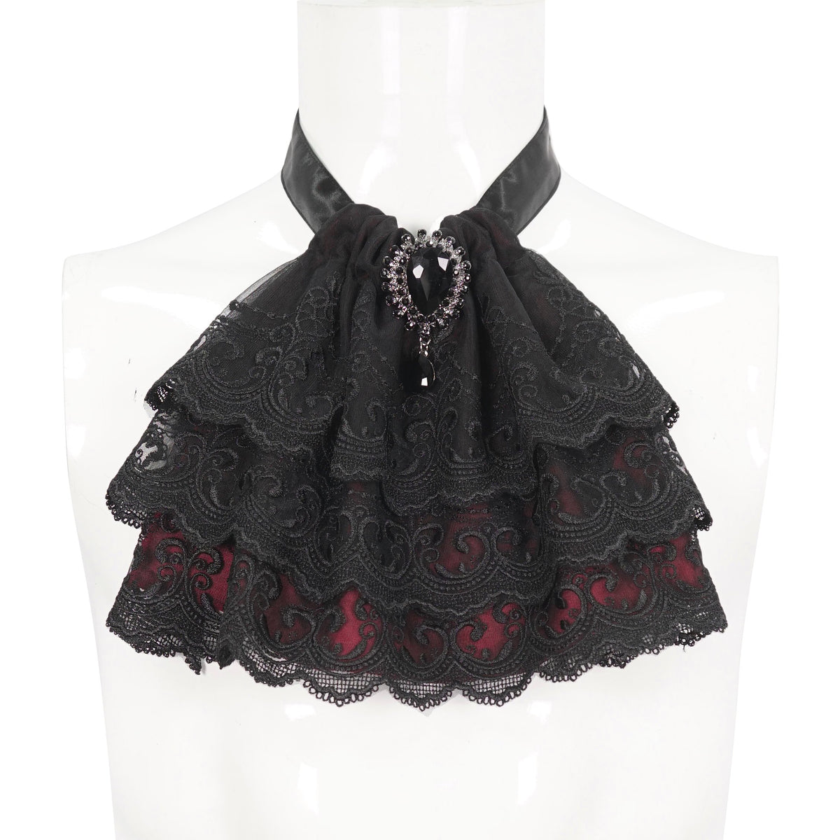 Devil Fashion AS144 burgundy black gothic jabot on a mannequin showcasing the clean front view layout.